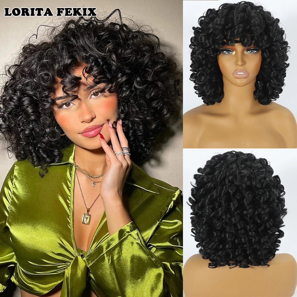 Short Loose Red Curly Wig for Black Women Curly Afro Wig with Bangs Synthetic Fiber Natural Looking Glueless Hair for Daily Wear
