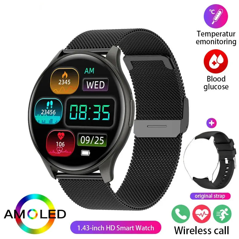 2025New Smartwatch Women 466*466 AMOLED 1.43" HD Screen Blood Pressure Monitor Bluetooth Call IP68 Waterproof Sports Smart Watch