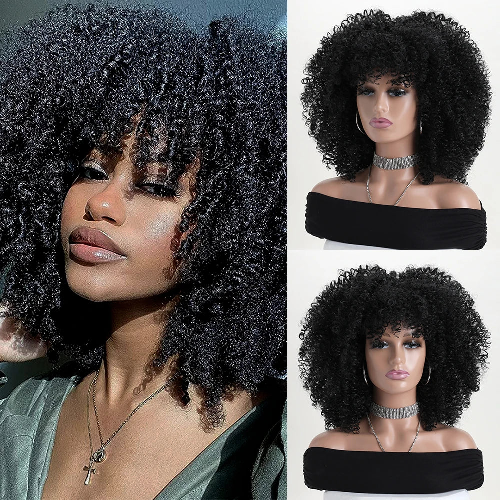 16 Inch Afro Kinky Curly Synthetic Hair Gradient Purple Wigs With Bangs Soft Fluffy Fiber  Wigs For Party Cosplay Daily Use