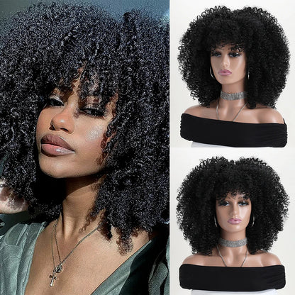 16 Inch Afro Kinky Curly Synthetic Hair Gradient Purple Wigs With Bangs Soft Fluffy Fiber  Wigs For Party Cosplay Daily Use