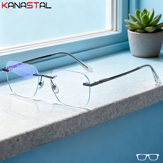 Men Titanium Rimless Eyeglasses Frame Blue Light Blocking Lenses Women Anti Fatigue Glasses Prescription Myopia Reading Eyewear