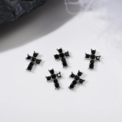 10Pcs Dark Series Cross Nail Charm Luxury Retro Silver Bottom Rhinestone Nail Art Decoration 3D Punk Cross Manicure DIY Supplies