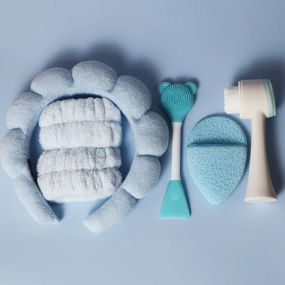 7-piece makeup and face wash beauty set, including 3 headband sets, 1 cosmetic bag, 2 face wash brushes and 1 powder puff