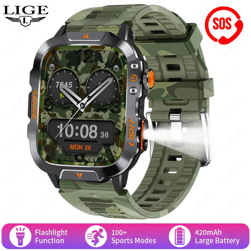 LIGE New Military Smart Watch Men Waterproof Outdoor Sports Tracker LED Flashlight Bluetooth Call Men Smartwatch For Android iOS