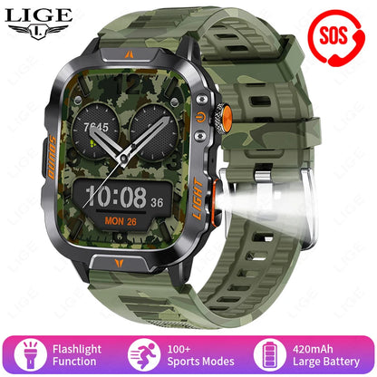 LIGE New Military Smart Watch Men Waterproof Outdoor Sports Tracker LED Flashlight Bluetooth Call Men Smartwatch For Android iOS