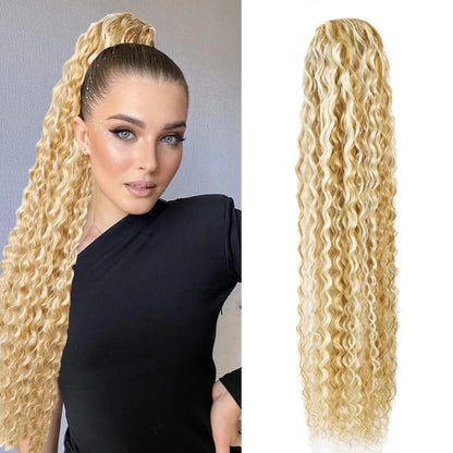 Curly Ponytail Extensions Clip in Synthetic Drawstring Ponytail Wig Long 32Inch Water Wave Afro Pony Tail Women Hairpiece False