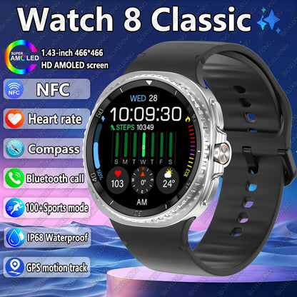 2025 New Watch 8 Classic GPS Trackr Smart Watch Men Woman Compass NFC Custom Dial 460*460 AMOLED Bluetooth Call Sport Smartwatch