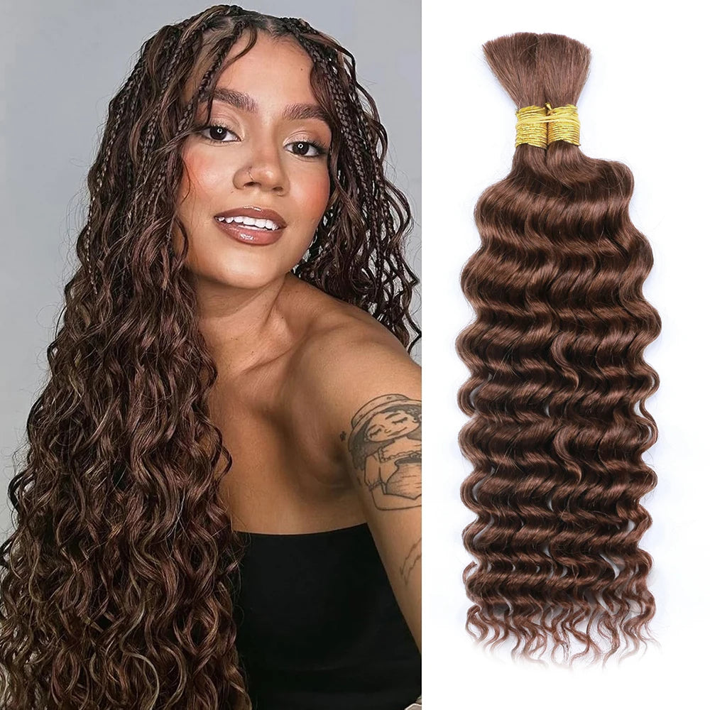 Chocolate Brown Braiding Hair for Boho Braids Human Hair Braiding Hair 2 Bundles/Pack 100g 18 Inch Deep Wave Boho Hair Braiding