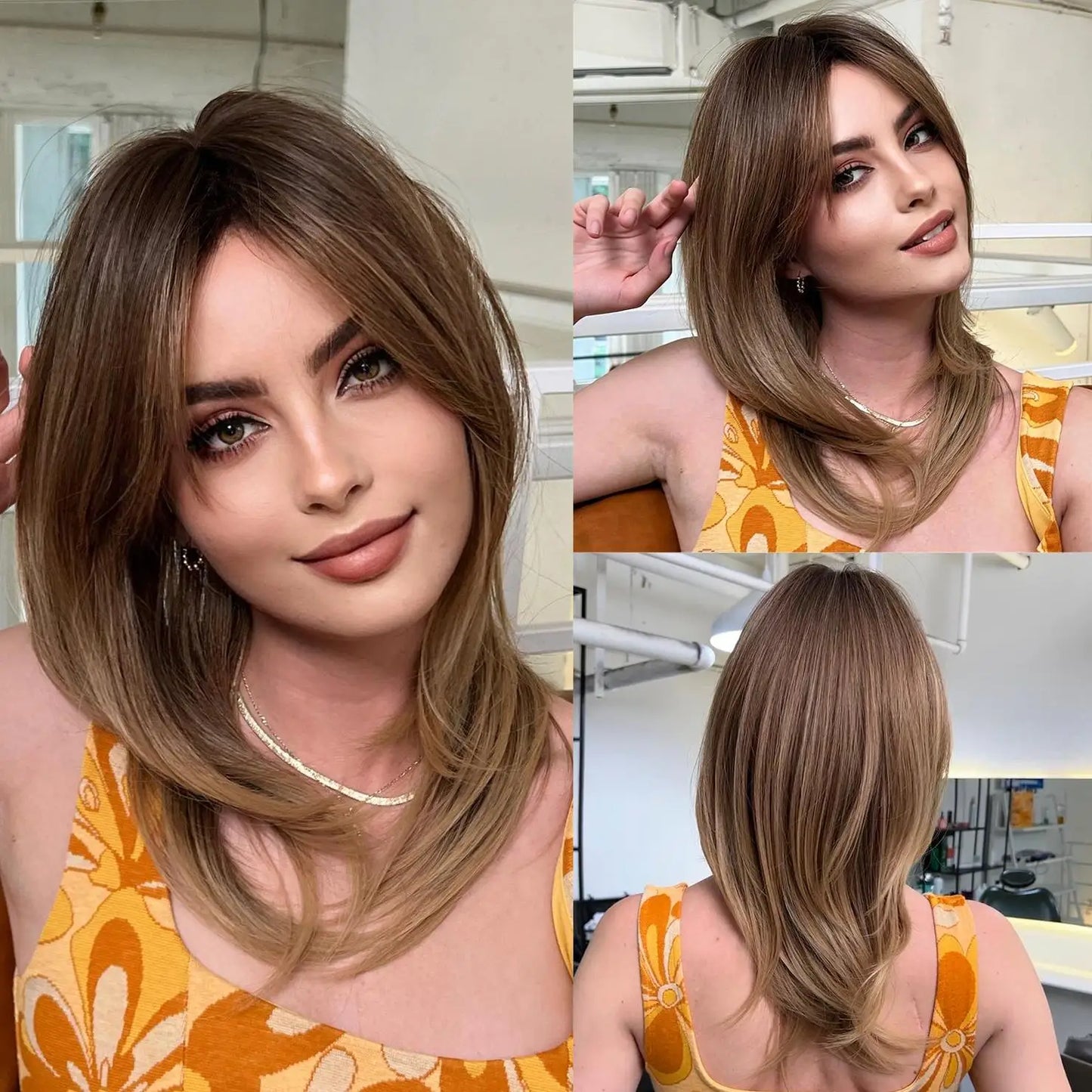 Medium Length Straight Wigs Gray Layered Synthetic Wigs With Bangs For Women Party Cosplay Natural Heat Resistant Fake Hair