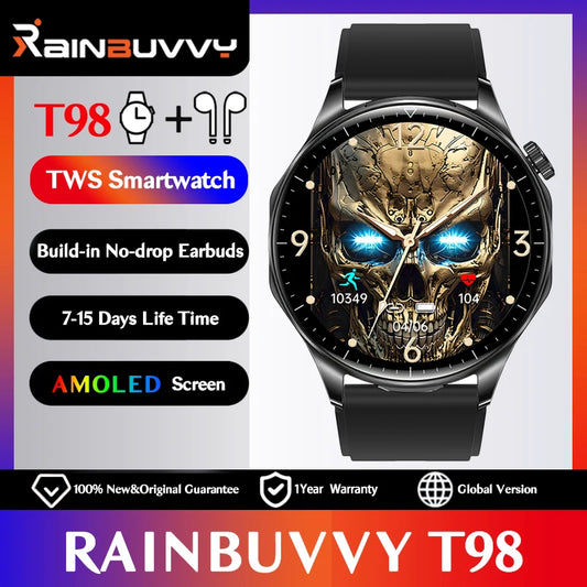 Rainbuvvy T98 TWS Build-in Earbuds Watch 1.43inch AMOLED Screen Wireless Earphones Blutooth Call Calories 2 IN 1 Smart Watch