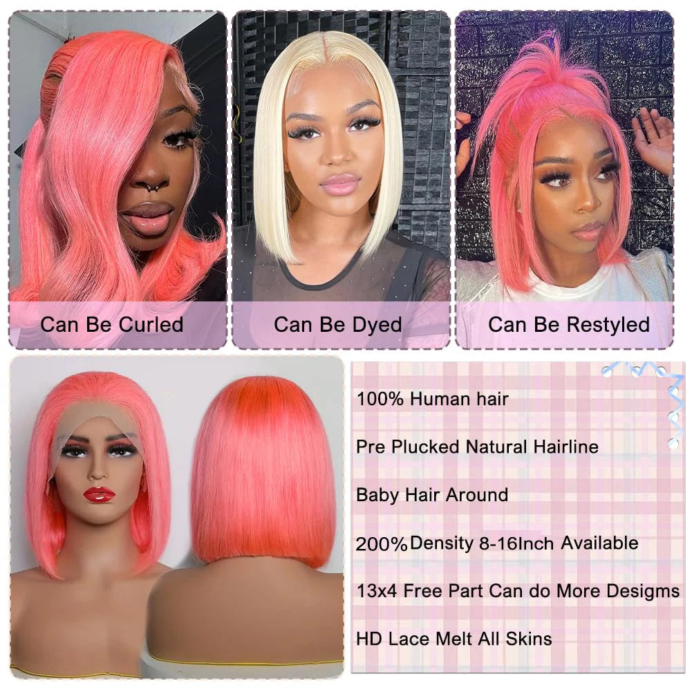 Pink Bob Wig Human Hair 13x4 Bone Straight HD Transparent Lace Frontal Wig 200% Brazilian Colored Lace Front Short Bob Wigs