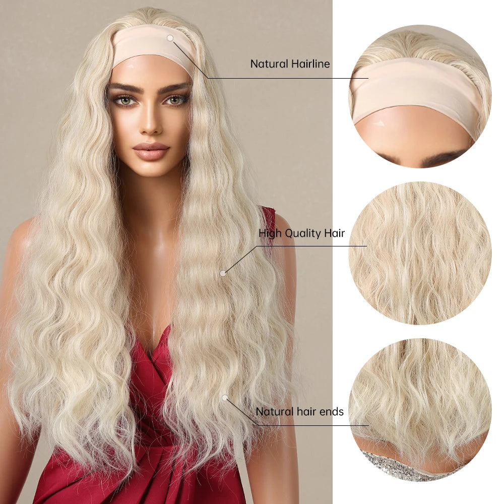 Long Curly Headband Synthetic Wigs Blonde Water Wavy Headband Wigs Bohemian Hair for Women Daily Party Use Heat-Resistant Fiber