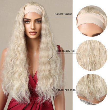 Long Curly Headband Synthetic Wigs Blonde Water Wavy Headband Wigs Bohemian Hair for Women Daily Party Use Heat-Resistant Fiber