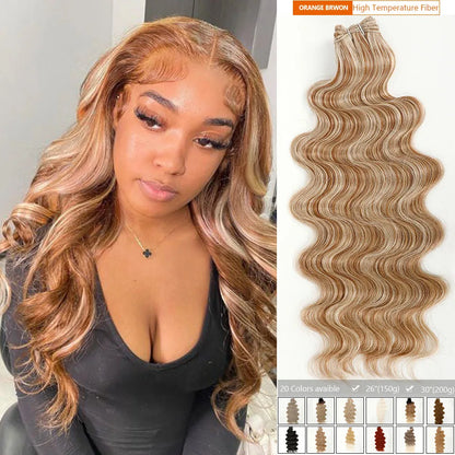 Magicae Blond 27/613 Highlight Ombre Brown High Temperature Synthetic Body Wave Ponytail 30Inch 200g Hair Extensions Wavy Bundle