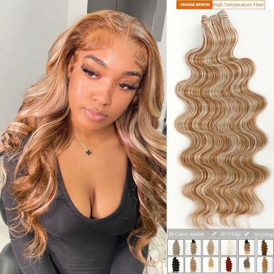 Magicae Blond 27/613 Highlight Ombre Brown High Temperature Synthetic Body Wave Ponytail 30Inch 200g Hair Extensions Wavy Bundle