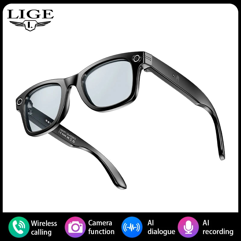 LIGE Smart Glasses with Camera Bluetooth Call Music Touch Sunglasses AI Voice Assistant Video Sound Record Anti-Blue UV Glasses