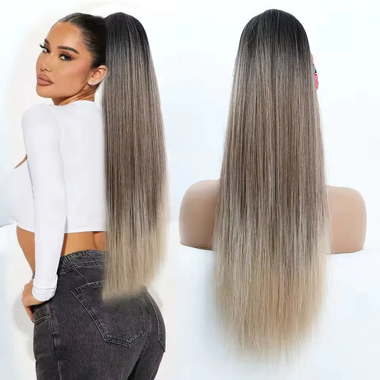 28 Inches Ombre Brown 4/12/613 Ponytail Blond 27/30 Hair Extensions With Clip Brown Straight High Temperature Synthetic Hair