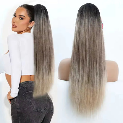 Straight Black Ponytail Blond 27/613 Hair Extensions With Clip Brown 28Inches Ombre Piano Color Heat Resistant Synthetic Hair