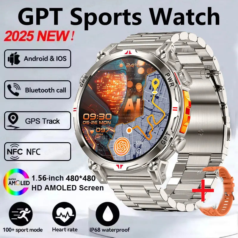 2025 GPS Sports Smart Watch GPT AMOLED 1.56 inch 488 * 488 Heart Rate Blood Oxygen Blood Pressure Monitoring 3ATM Smartwatches