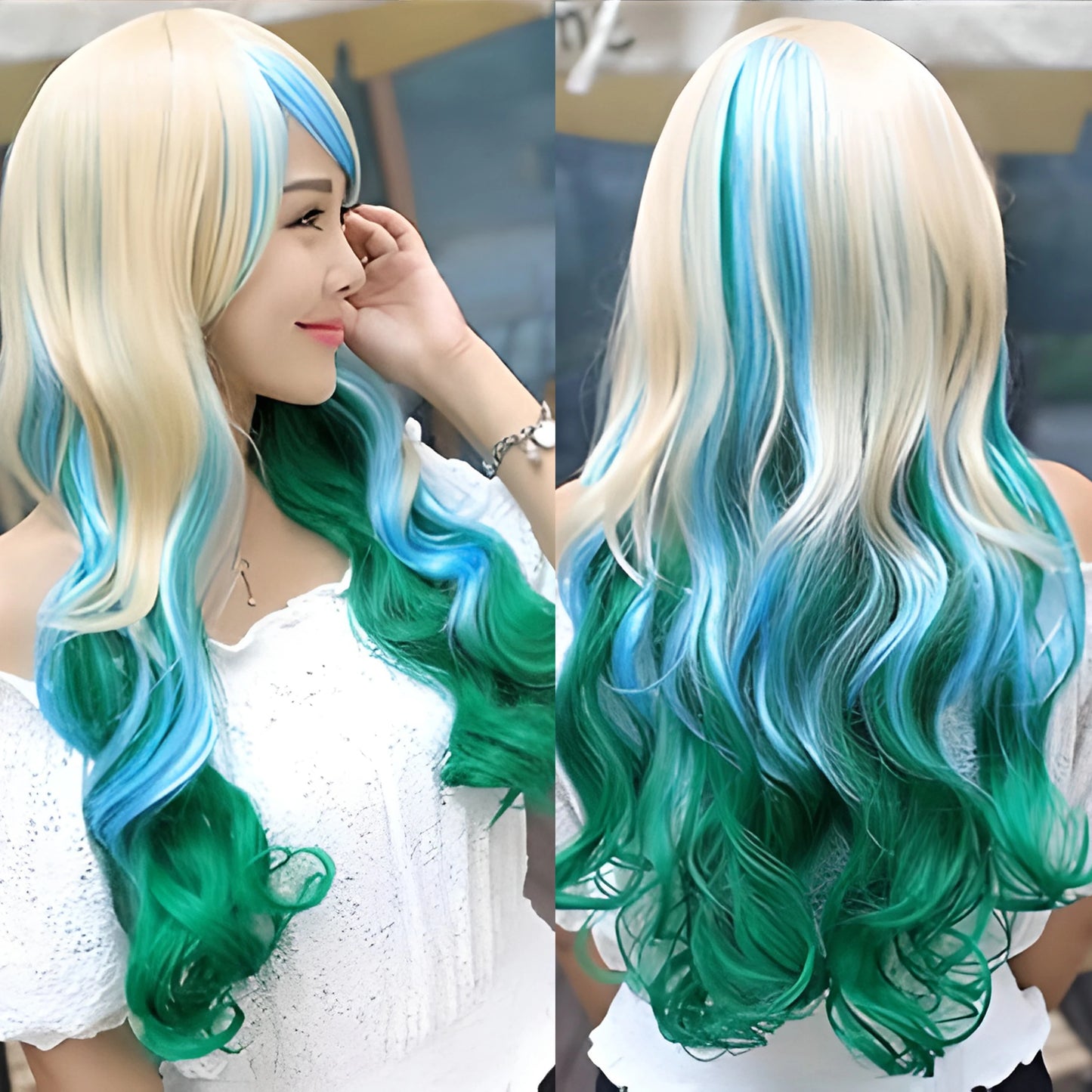 Soowee Synthetic Hair Ombre Rainbow Cosplay Wig with Bangs Red Yellow Purple Green Blue Wigs for Black Women