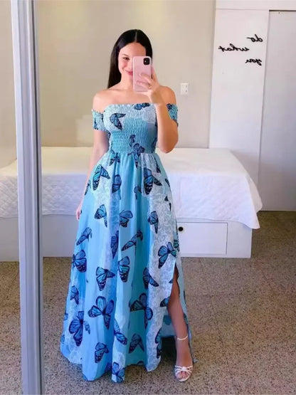 Elegant Off Shoulder Dress  Summer Fashion Dresses High Waist Flower Print Short Sleeve Vestidos Robe Clothing