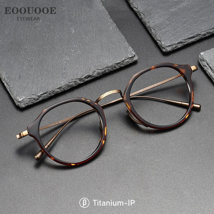 EOOUOOE Fashion Men Women Titanium Eyeglass Tortoise Acetate Retro Glasses Frame Optics Myopia Hyperopia Prescription Lenses