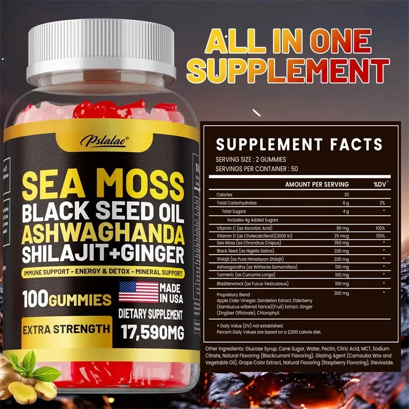 Sea Moss, Black Seed Oil, Ashwagandha, Ginger, Shilajit Gummies - Boosts Energy, Skin, Joints & Immunity