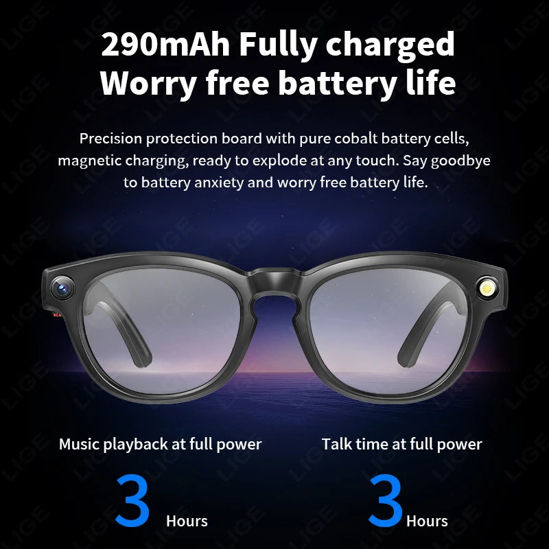 LIGE Smart Glasses 800W HD Camera Video Recording Glass Bluetooth Call 290mAh Battery Voice Assistant AI Glasses for Android iOS