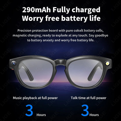 LIGE Smart Glasses 800W HD Camera Video Recording Glass Bluetooth Call 290mAh Battery Voice Assistant AI Glasses for Android iOS