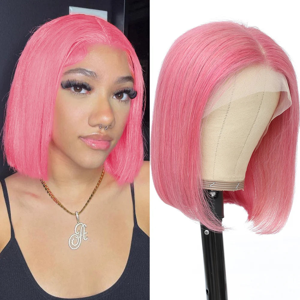 Pink Short Bob Wig Human Hair HD Lace Front Wigs Straight Ombre Honey Blonde Red Pink Silver 13X4 Cut Lace Frontal Wig