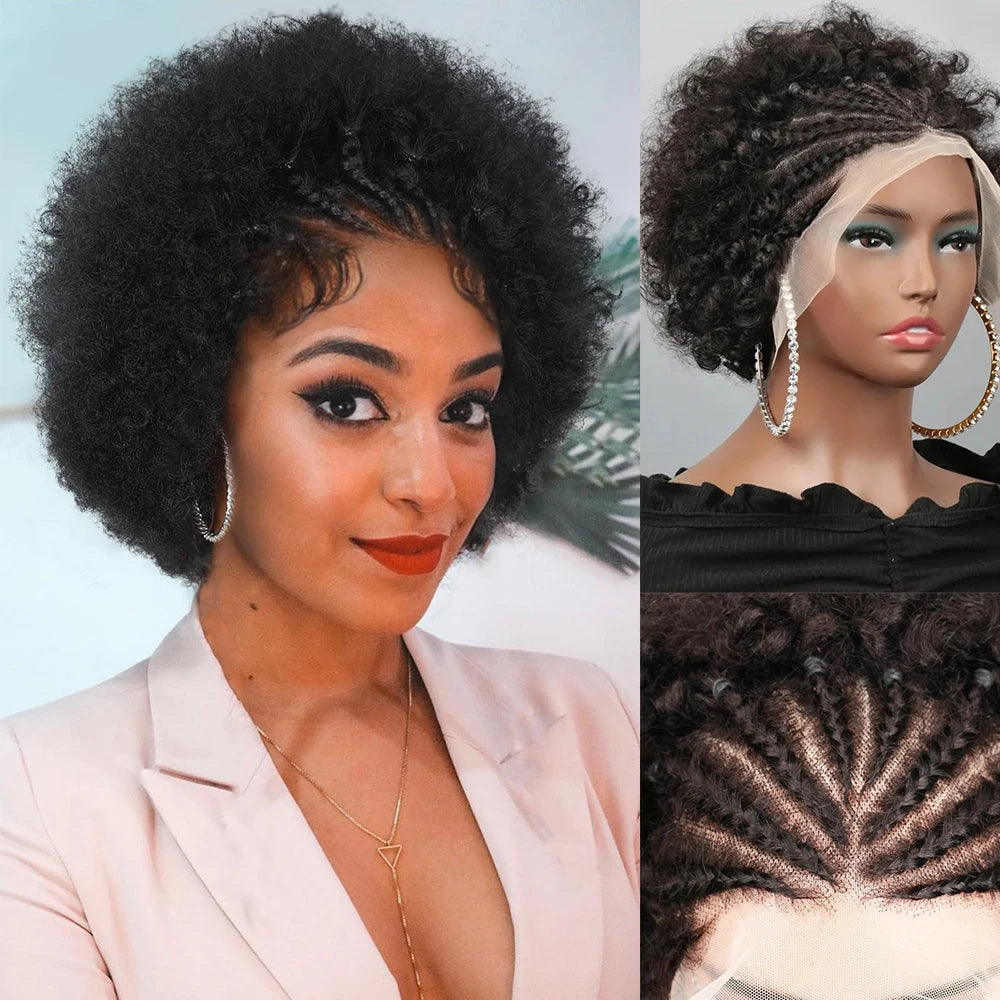 Afro Kinky Curly Braid Wigs Human Hair 13x4 HD Lace Front Glueless Pixie Cut Pre Made Braided Cornrow Afro Puff Wig For Women