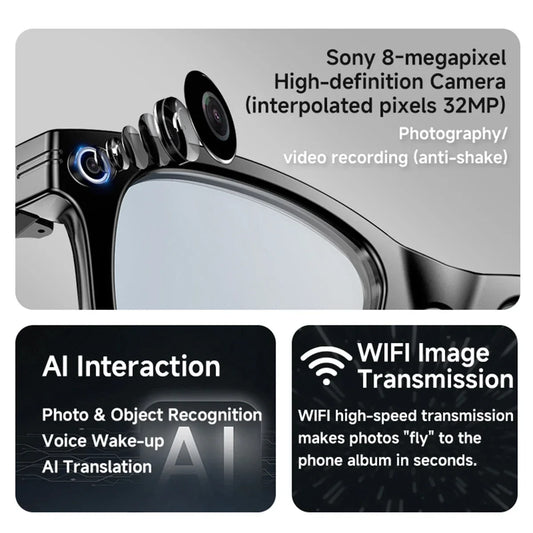 KPEP 8-Megapixel Smart Glasses with Camera Bluetooth Headphones Music Control Voice Assistant AI Translation for Men Women