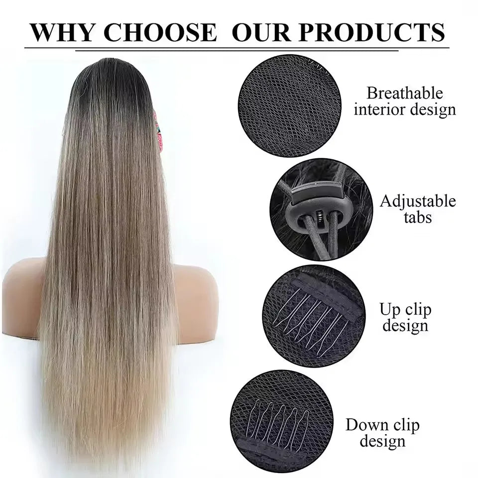 28 Inches Ponytail Brown 27 Hair Extensions With Clips Highlight Piano Color Straight 6/613 Heat Resistant Synthetic Hair