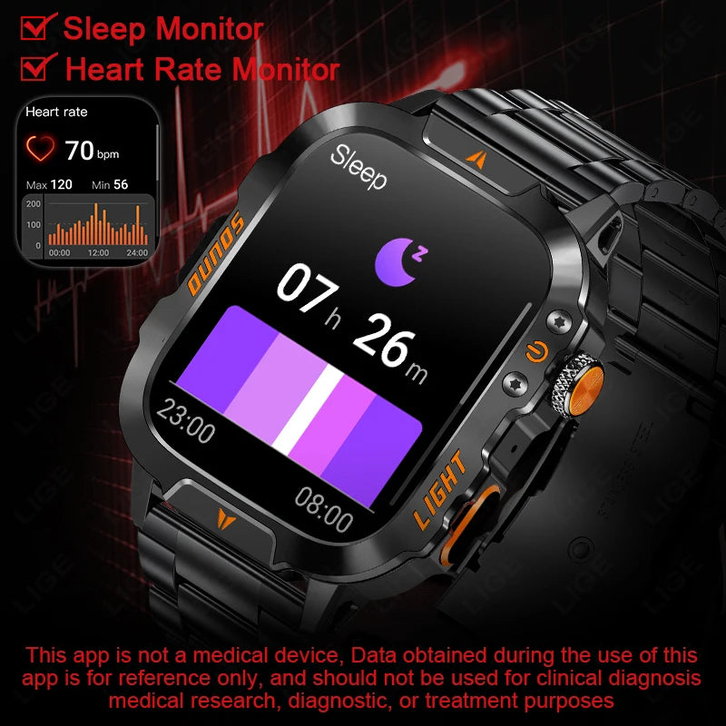 LIGE New Military Smart Watch Men Waterproof Outdoor Sports Tracker LED Flashlight Bluetooth Call Men Smartwatch For Android iOS
