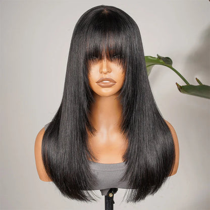 Alipearl Hair Glueless Layered Cut Wig Straight 5*7 Lace Front Wig Natural Black Human Hair Short Wig With Fringe Bangs