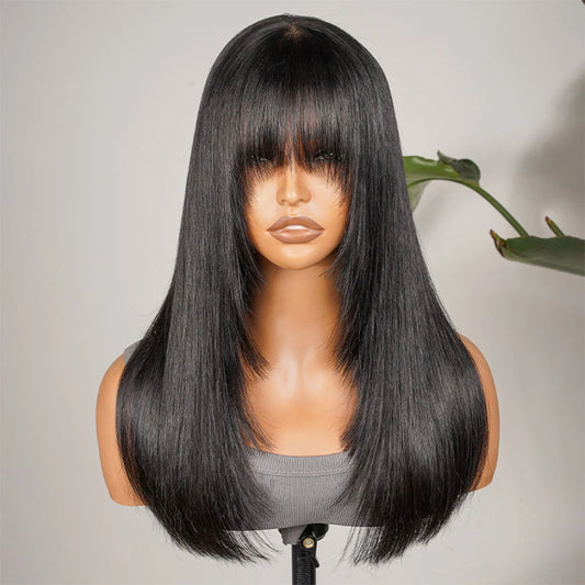 Alipearl Hair Glueless Layered Cut Wig Straight 5*7 Lace Front Wig Natural Black Human Hair Short Wig With Fringe Bangs