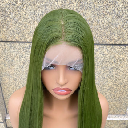 Grass Green 13x4 Synthetic Lace Front Wig for Woman Natural Hairline Long Silky Straight Wig 26 Inch High Quality Glueless Wig