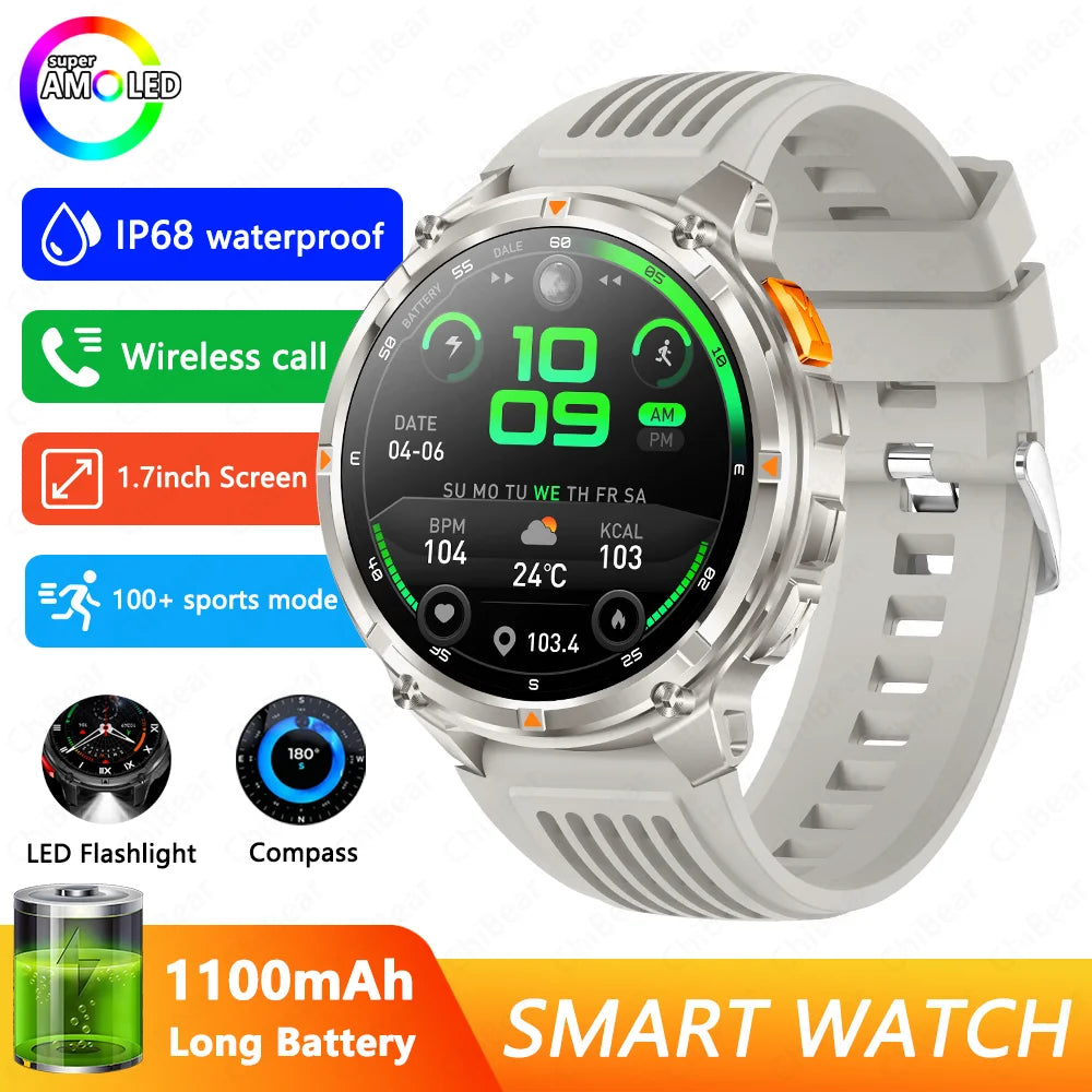 1100mAh Battery Smart Watch 1.7 Inch 360*360 AMOLED HD Screen Men Watch Compass 1ATM Waterproof Bluetooth Call Sports Smartwatch
