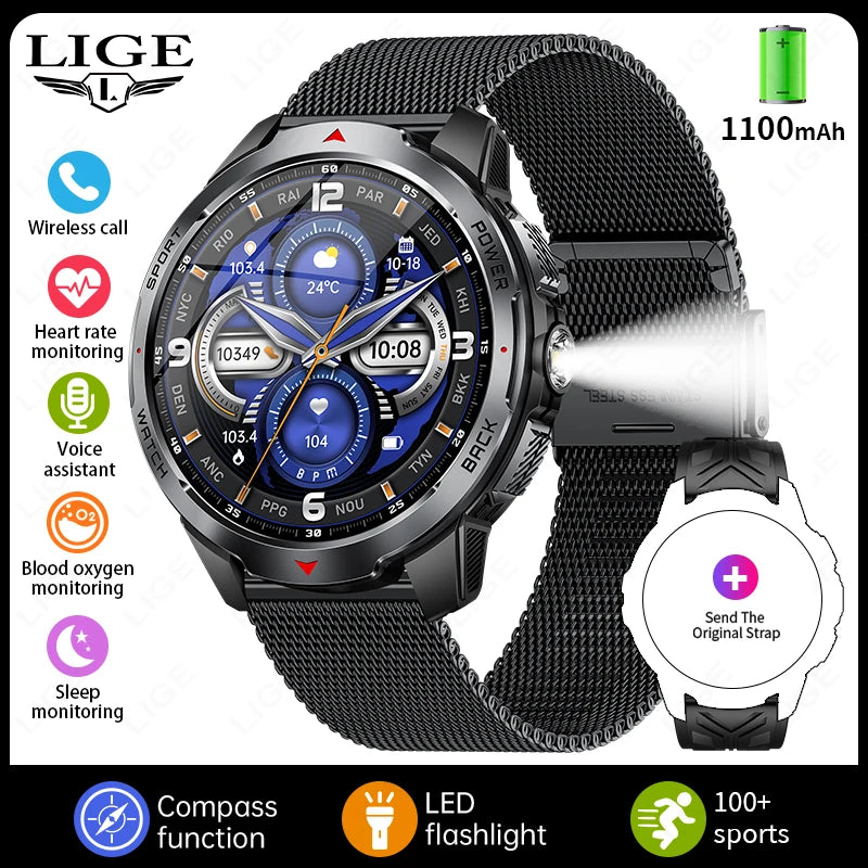 LIGE 1100mAh Large Battery Compass Watch Men Waterproof Bluetooth Call Smartwatch Android Sleep Heart Rate Monitor Smart Watches
