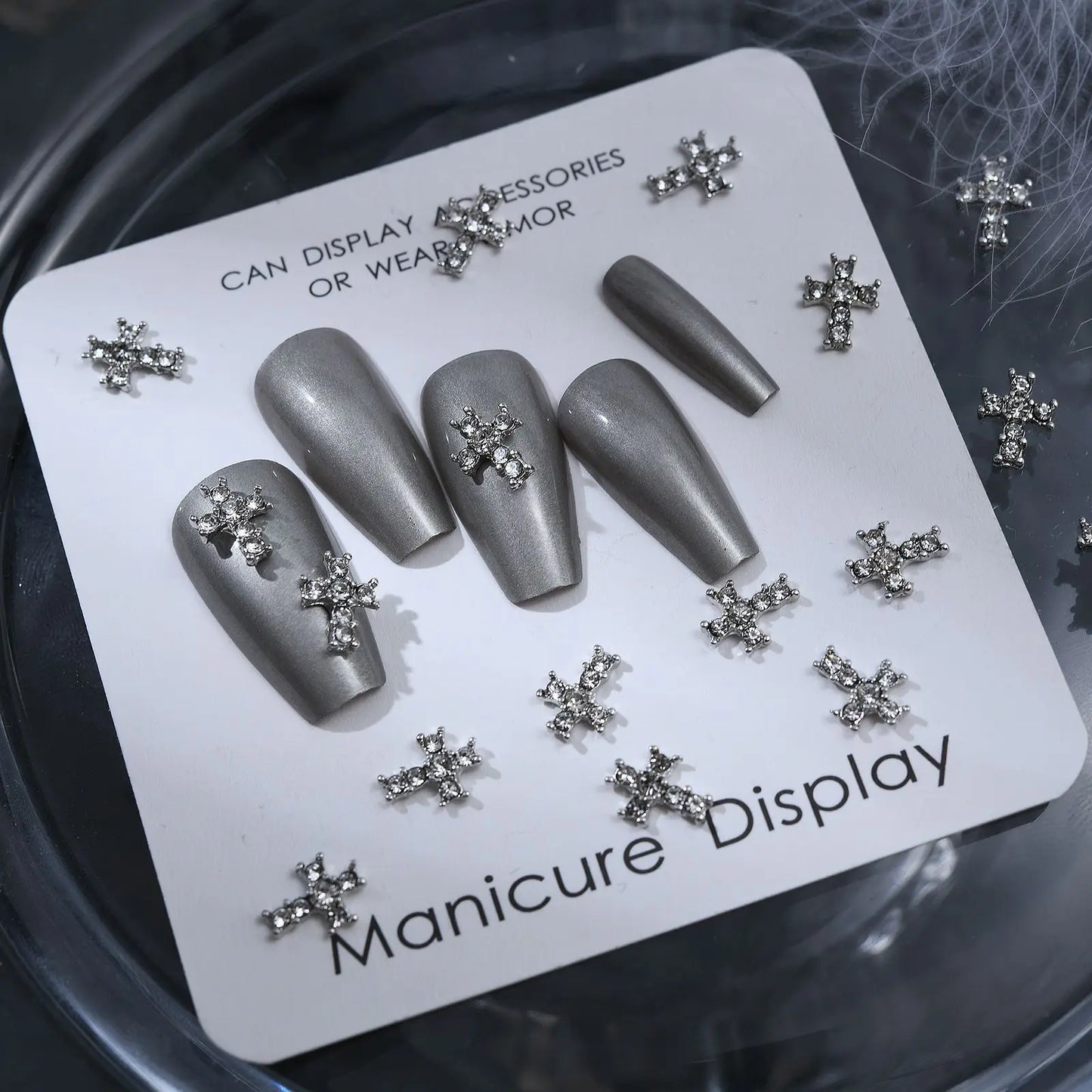 10Pcs Dark Series Cross Nail Charm Luxury Retro Silver Bottom Rhinestone Nail Art Decoration 3D Punk Cross Manicure DIY Supplies