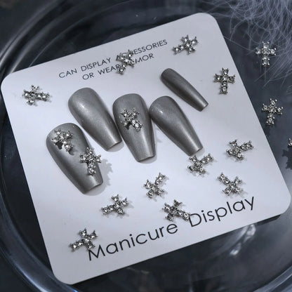 10Pcs Dark Series Cross Nail Charm Luxury Retro Silver Bottom Rhinestone Nail Art Decoration 3D Punk Cross Manicure DIY Supplies