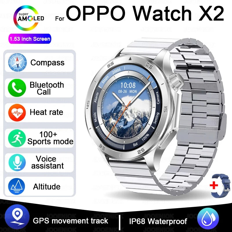 2025 New For OPPO X2 Men's Smartwatch IP67 Waterproof Compass Sports Partner Message Push Bluetooth Call Music Smart Watch