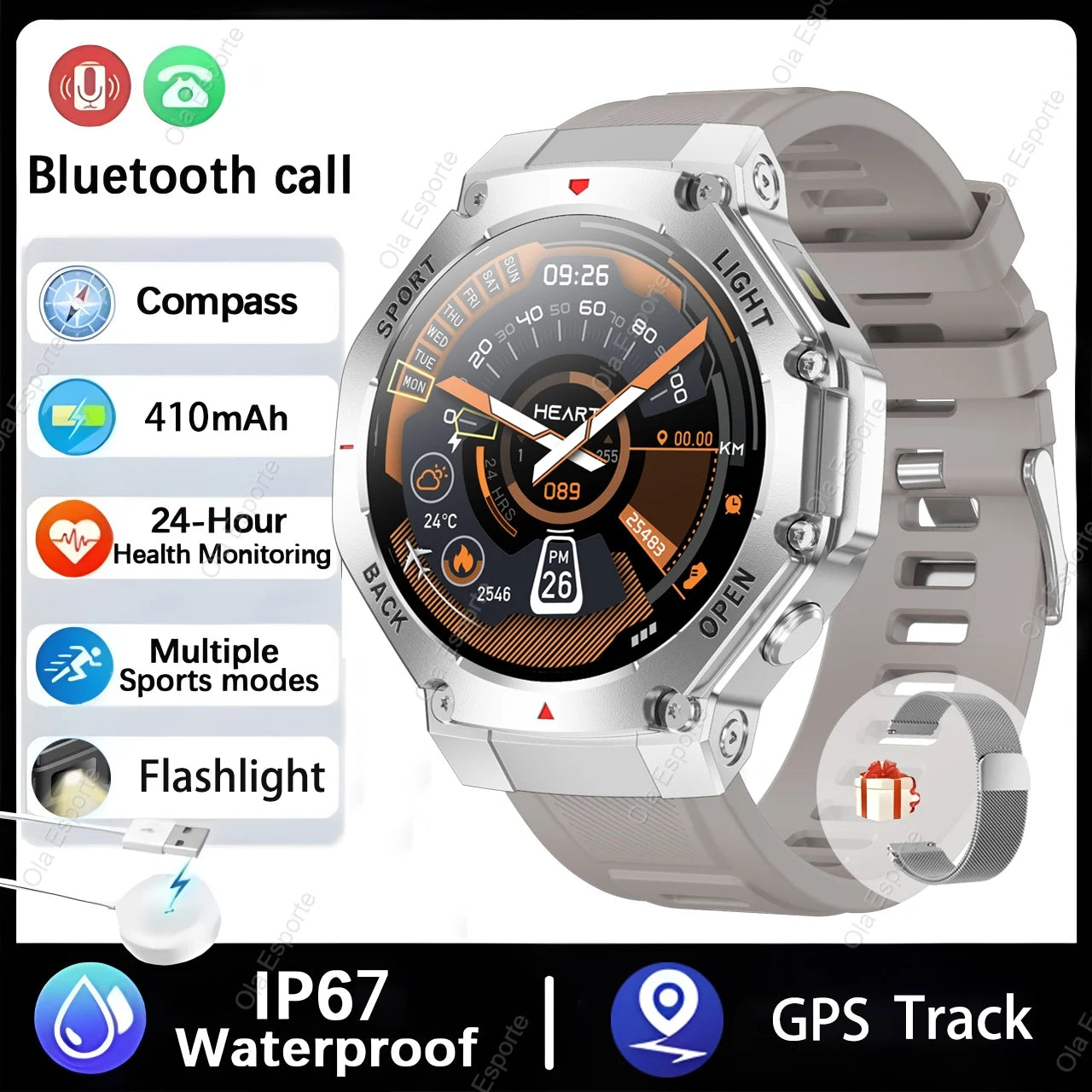 T-Rex 3 GPS Smart Watch 5ATM Waterproof 1.43 inch AMOLED HD Screen BT Call Flashlight Military Sport Smartwatches Men 2025 New