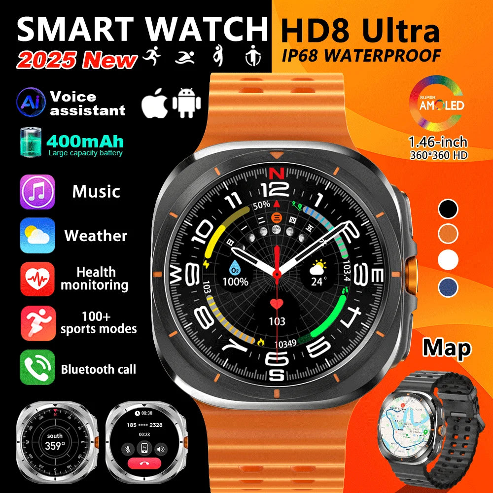 2025 Original HD8 Ultra Smart Watch Man Waterproof Watches BT Call Map Compass 1.46" AMOLED HD Screen Smartwatch For Men Women
