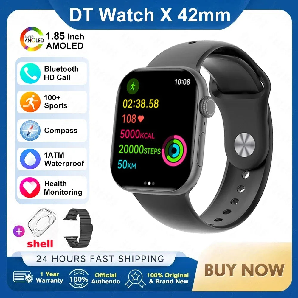 New DT Watch X Mini Smartwatch 3D Menu Video AI Voice NFC 4GB Lang Memory Compass 1.85 Inch AMOLED Super Fast Charge Smartwatch