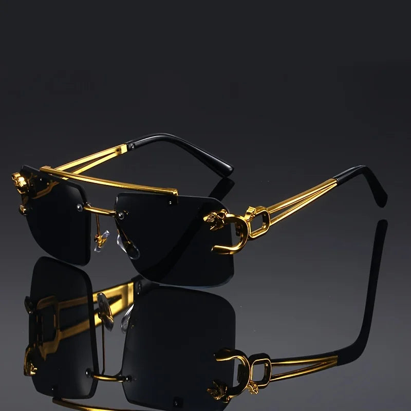 Vintage Luxury Golden Fahsion Glasses Cool Tiger Stand Women's Frameless Black For Men And Women Outdoor Travel Anti Glare Glass
