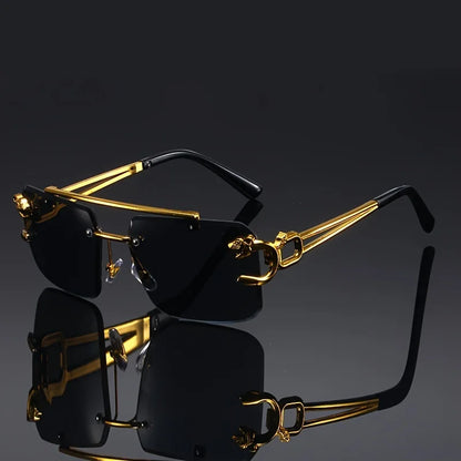 Vintage Luxury Golden Fahsion Glasses Cool Tiger Stand Women's Frameless Black For Men And Women Outdoor Travel Anti Glare Glass