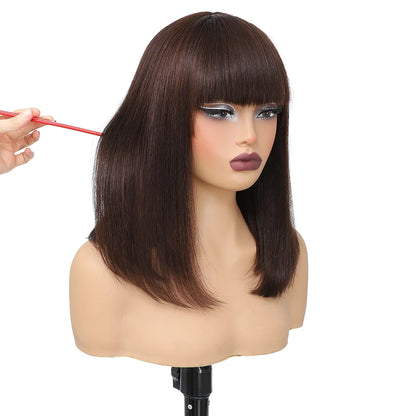 Short Bob Wig Human Hair With Bangs Straight Glueless Ready to Wear Go Wigs For Women Burgundy Machine Made Wig Brazilian Hair