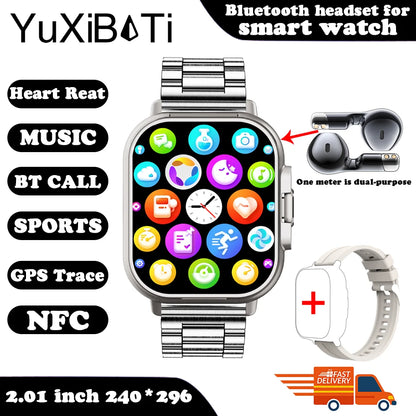 2025 Smart Watch 2 in 1 With Earphone Smartwatch Bluetooth Call NFC Men Watch GPS Track Heart Rate Monitor Play Music SmartWatch