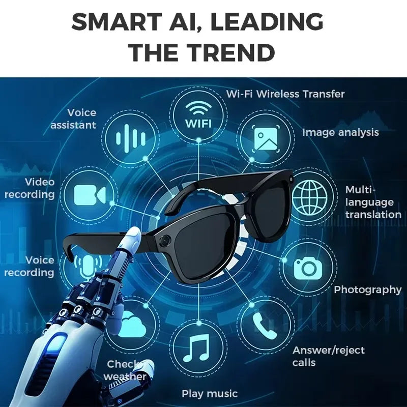 Smart Glasses Voice Assistant AI Translation 1080P HD Camera Bluetooth Call Outdoor Sports Headphones Sunglasses For Men Women